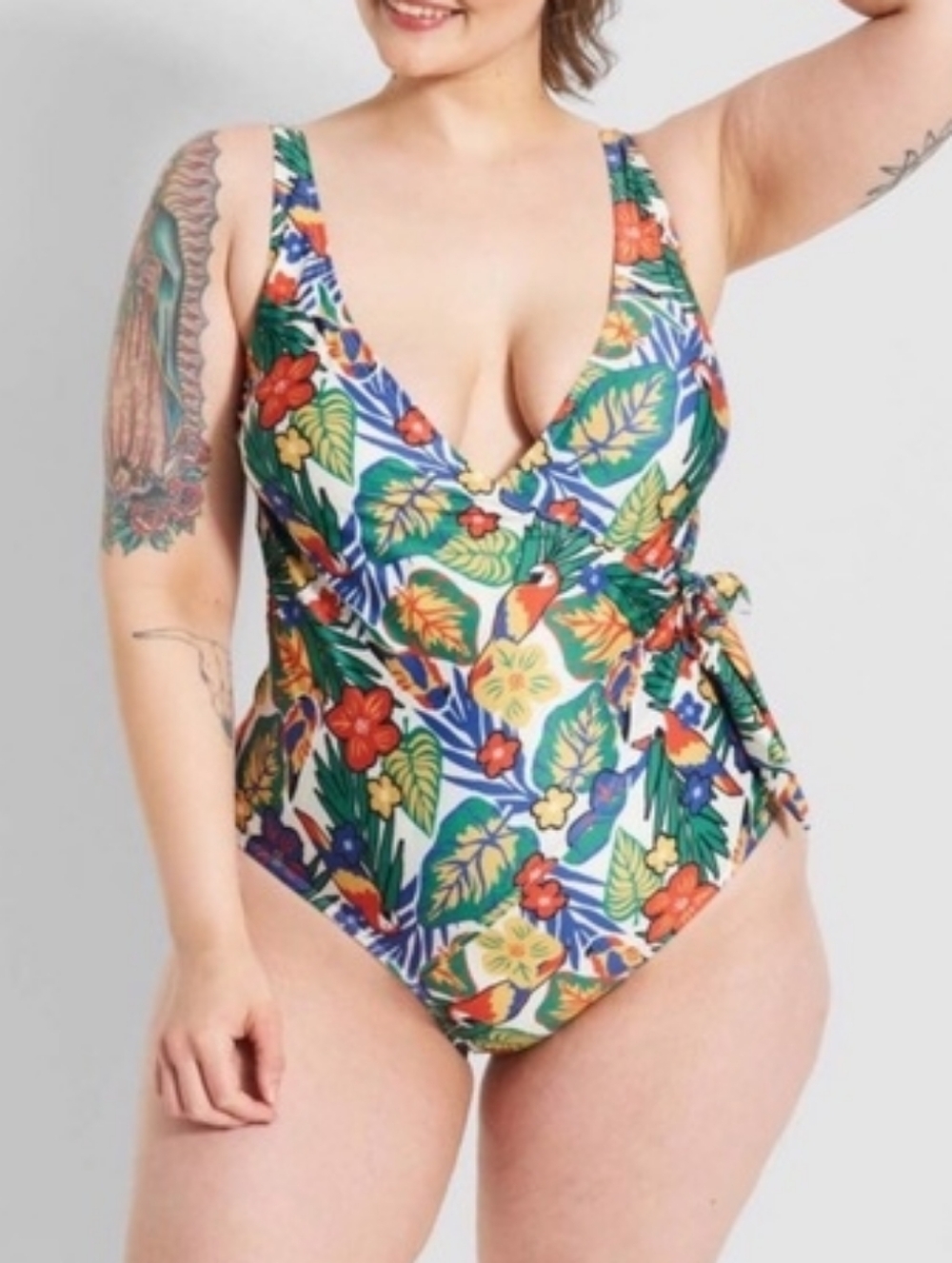 Modcloth "The Bonita" Wrap Style Tropical Leaf Parrot One Piece Swimsuit